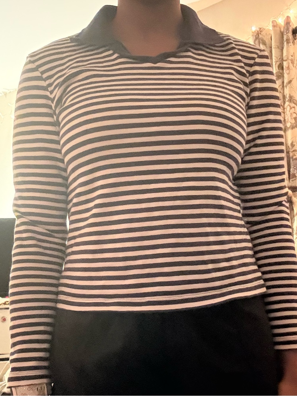 GAP Navy and White Striped Long-Sleeve Polo Top